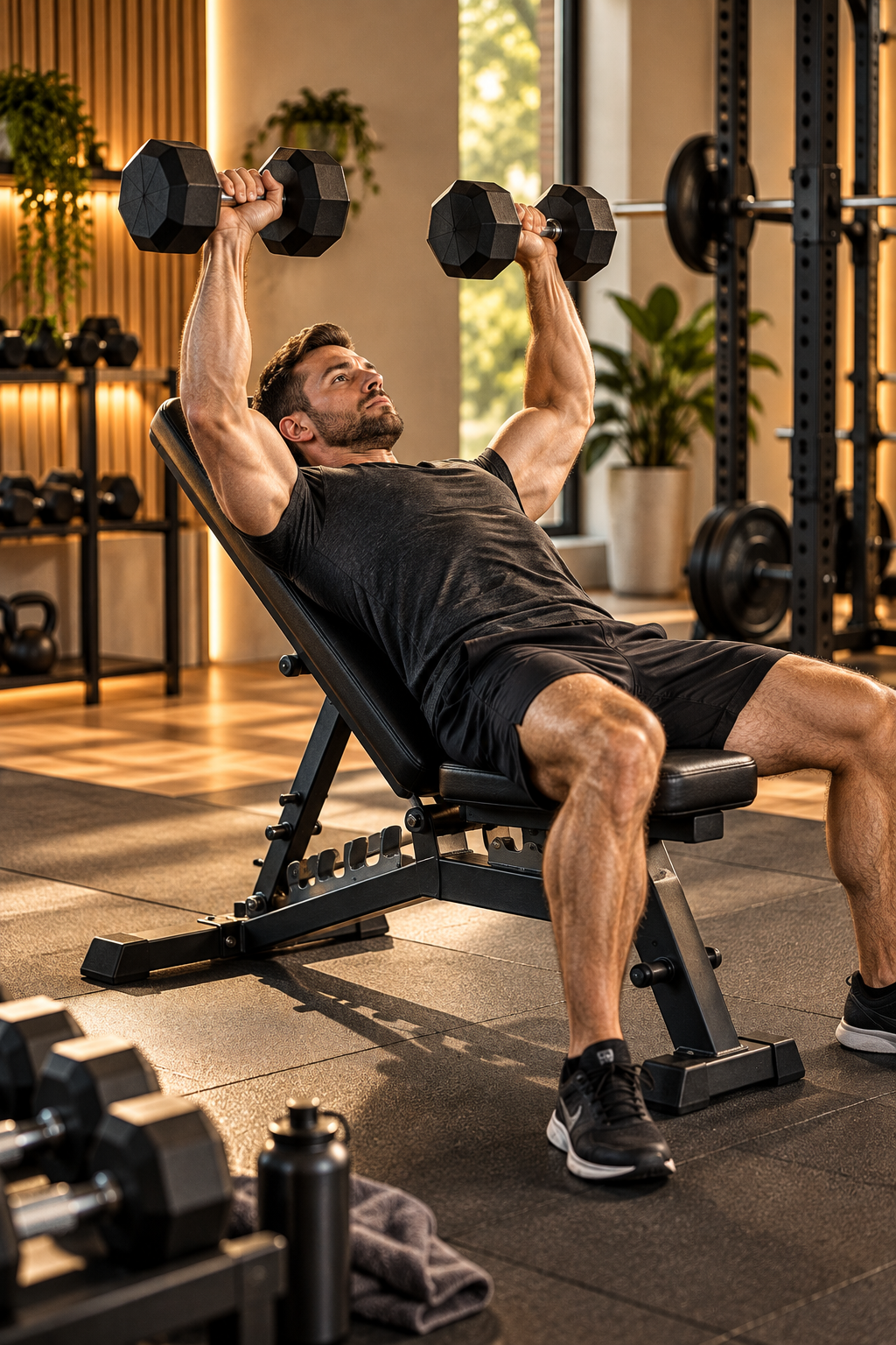 Kurzhanteltraining auf einer verstellbaren Hantelbank im HomeGym
