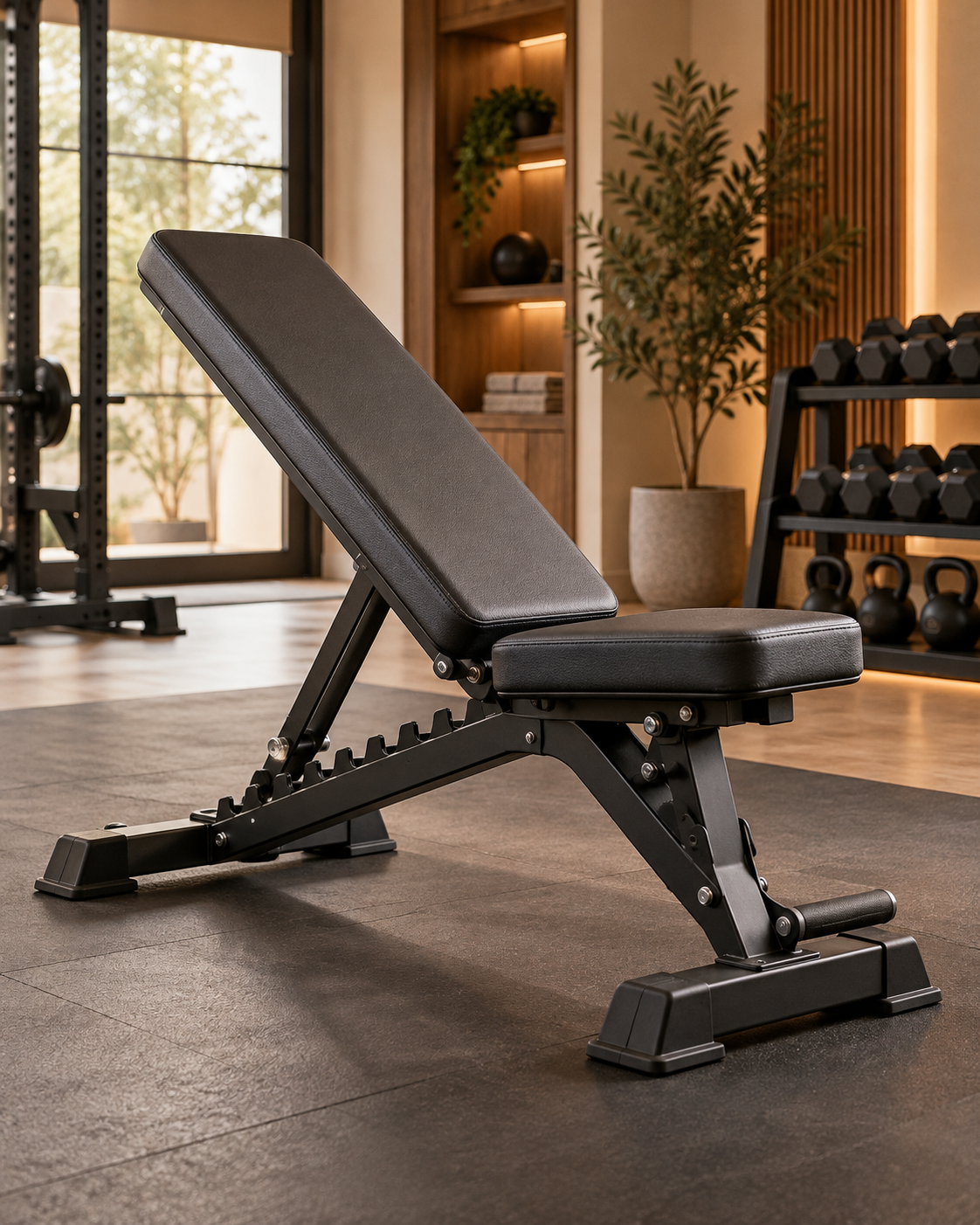Verstellbare Hantelbank im HomeGym mit Fokus auf Stabilität und Konstruktion